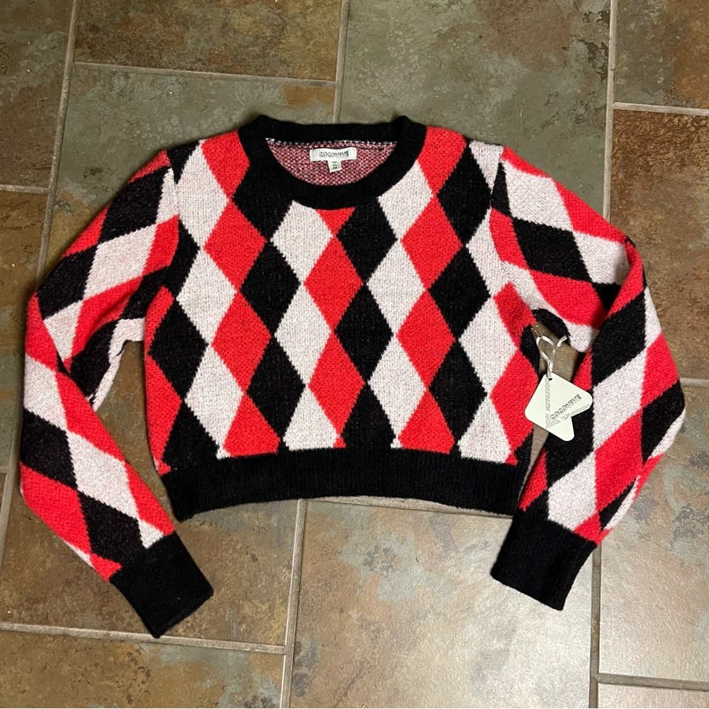 “Pizza Delivery Girl” Cropped Red, Black, & White Argyle Diamond Sweater